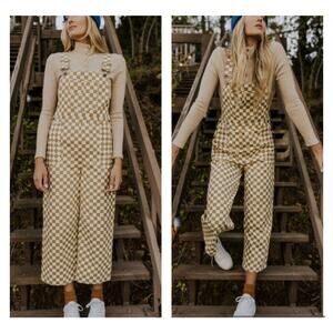 Roolee Cream Plaid Wide Leg Overalls NWT Medium
